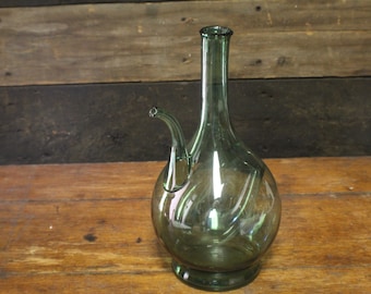 Vintage Green Glass Wine Chiller Decanter, Hand Blown Decanter