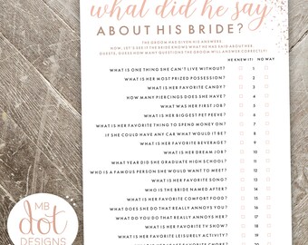 What Did He Say About His Bride - Bride or Groom - printable bridal shower game - rose gold, pink, glitter - instant digital download