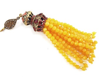 Large Long Yellow Facet Cut Jade Stone Beaded Tassel with Green Clear Crystal Accents - Antique Bronze - 1PC