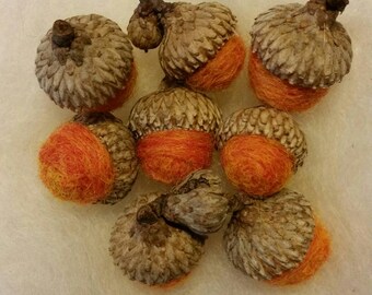 Wool Felted Acorns Wool Roving Marbled Orange Rustic Home Decor