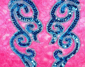 JB233 Sequin Appliques MIRROR PAIR Turquoise Scroll Patch 7" (JB233X-tr)
