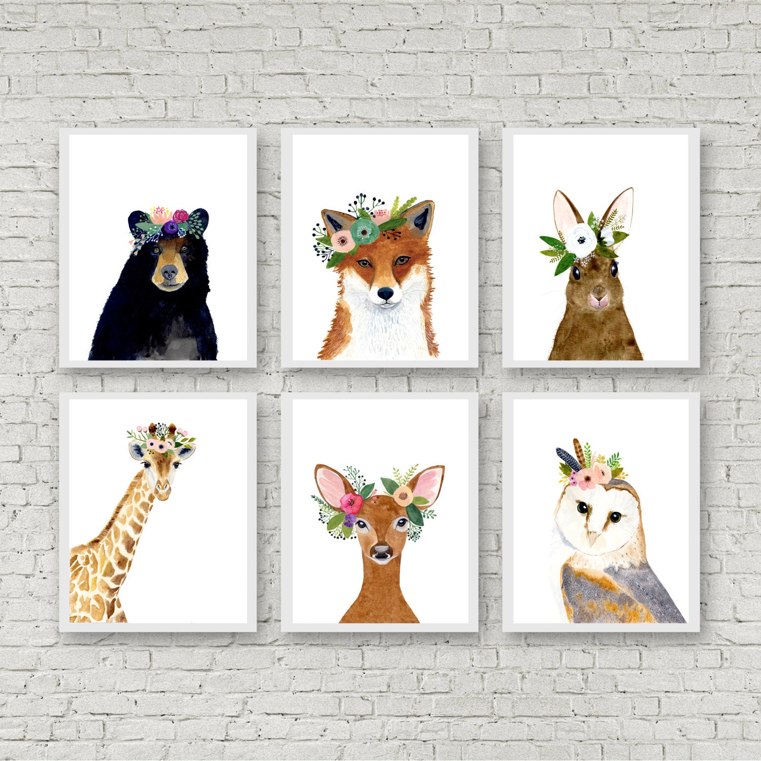 Animal print set Set of 6 Prints giraffe owl fox