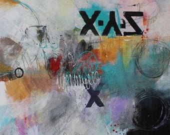 Original Abstract Painting 28 x 22 white, black, treal I'm Not Making A Mess, I'm Making a Life by Jodi Ohl