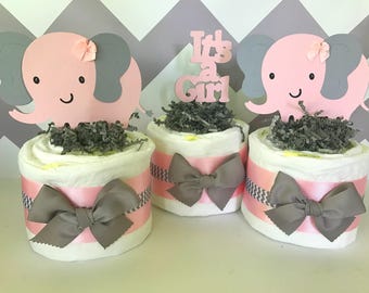 Elephant Mini Diaper Cakes in Pink and Gray, Elephant Theme Baby Shower Centerpieces