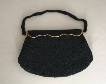 Vintage 1960's DeLill Black Beaded Elegant Evening Handbag