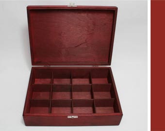 12 Compartments Wooden Tea Box / Red Box / Wooden Keepsake Box / Jewelry Box / Collection Box / Personalized Box Option / Favor Box / Gift