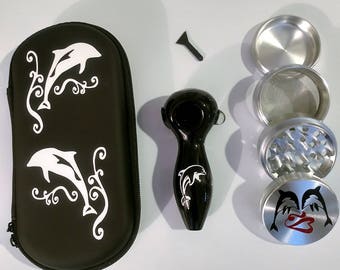 Dolphin Pipe Case Grinder Combo Deal Great Gift With Premium Glass Pipe + Free Shipping