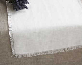 White rustic runner Prewashed natural linen table runner Washed flax table topper Soft linen Farmhouse shabby chic style fringe runner