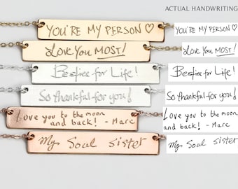 Custom Handwriting Necklace Bracelet, Gift for Her, Actual Handwriting Jewelry, Memorial Jewelry, Signature Necklace, Personalized Bar