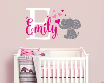 Elephant Custom Name Personalized Initial Wall Decal Sticker for Nursery, Girl's Room or Playroom, Nursery Monogram