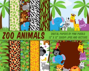 Zoo Animal Digital Paper, Zoo Animal Scrapbook Paper, Safari Animal Scrapbook Paper, Safari Animal Digital Paper - Commercial Use