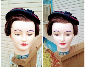 Vintage 1940s 1950s Tilt Hat Black Red Pancake Ladies Ribbon Rose