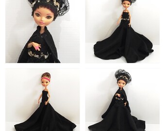 CLEARANCE SALE - Goth Dress, Cape, Headpiece and Belt - made to fit dolls like Articulated Ever After High Dolls - Handmade Doll Clothes