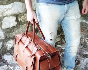 Apollo Weekender Original Leather Bag • 20"Handmade Full Grain in Tobacco • Waxed Brown or Dark Brown • Travel Duffel Bag