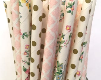 2.85 US Shipping -Floral Paper Straws - Gold and Pink and Flower Straws - Cake Pop Sticks - Drinking Straws - Blush Pink