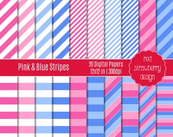 75% OFF Sale - Pink & Blue Stripes - 20 Digital Papers - Instant Download - JPG 12x12 (DP191)