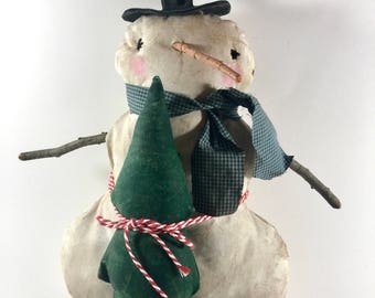 Snowman Art Doll Handmade Folk Art Tree