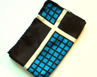 Vintage GRID Pattern Scarf / Rad Retro Head Scarf / Vintage Square Scarf / Mocha and Cerulean Grid Scarf / Mod Mid Century