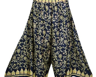 Womens Dark Blue High Waist Split Maxi Skirts Recycled Silk Sari Printed Wide Leg Divided Long Skirts S/M