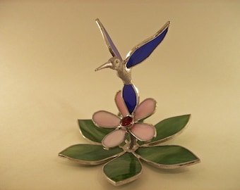 Stained Glass Hummingbird Figurine on Pink Flower - Made to Order (HUM002)
