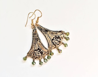 Etched Brass Earrings, Art Deco Earrings Green Beads - Free Domestic Shipping
