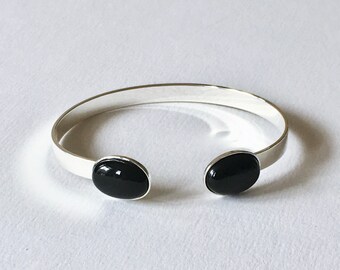 Silver open cuff bracelet and black agate semiprecious stone