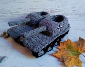 Crochet serbatoio pantofole serbatoio pantofole ragazzo regali Panzer Hausschuhe San Valentino regalo Panzer 1 pantofole Tankschuhe serbatoio scarpe per lui