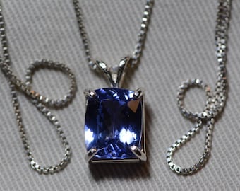 Tanzanite Necklace, Certified Tanzanite Pendant 3.56 Carats Cushion Cut, Sterling Silver, Real Genuine Natural Blue Tanzanite Jewelry