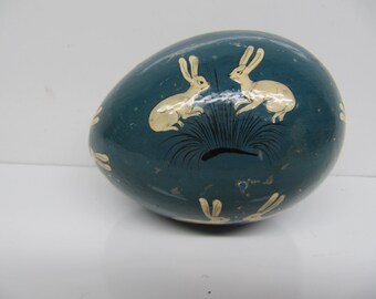Egg shaped rabbit trinket box hand carved wood made in India