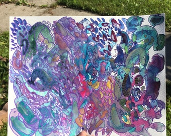 A lot going on, original abstract watercolor and gouache painting
