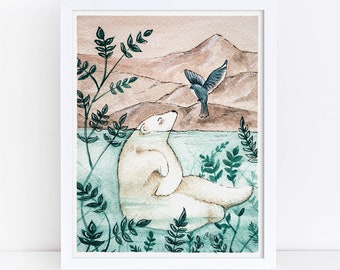 Bear and Bird Watercolor Art Print