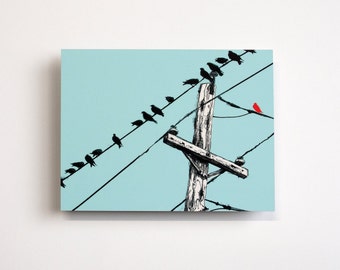 Assimilate- Illustration of Birds on a Wire on Metal