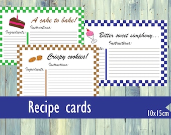 Printable recipe cards. 10 recipe cards to save amazing recipes. Printable cards for recipes. 10 x 15 cm recipe cards.