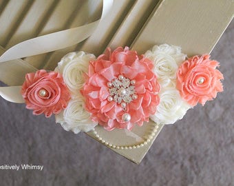 Peach Maternity Sash, Girl Maternity Sash, RTS, Pregnancy Sash, Flower Sash, Belly Sash, Maternity Belt, Peaches and Cream, Peach, Ivory