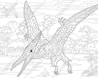 Pterodactyl Dinosaur Pterosaur Dino Coloring Pages Animal Book For Adults Instant Download Print