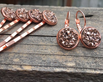 Rose Gold Druzy earrings with four Rose Gold Rose Gold faux druzy bobby pins, Boho Jewelry, wedding jewelry