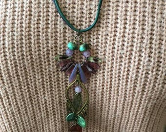 green and purple Czech glass necklace with purple and green leather chain