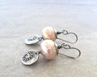 blush pink earrings, pink dangle earrings, oxidized silver, pmc silver, ocean earrings, lampwork glass earrings