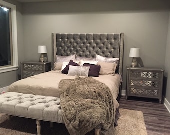 Diamond Tufted Wingback Headboard and Bench Set King Extra