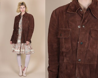 70s Brown Suede Jacket - Medium to Large // Vintage Boho Snap Button Up Leather Coat