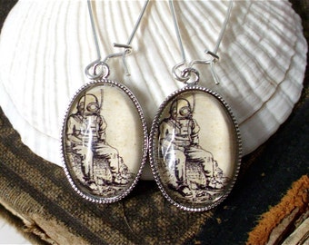 Antique Deep Sea Diver Earrings in Silver - Diving Dangle Earrings