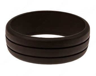 Men's Black Silicone Wedding Ring Band Ridged Medical Grade Flexible Hypoallergenic Modern Athletic Gift for Him - Fast Free Shipping