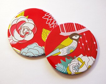 Bird Coasters, Floral Coasters, Drink Coasters, Barware, Coasters, Set of Coasters, Hostess Gift, Housewarming Gift, Pink, Flowers (5190b)