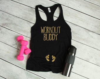 Workout Buddy Tank, Pregnancy Announcement Workout Shirt, Pregnancy Workout, Pregnancy Gift, New Mom Gift, Maternity Workout, Gold Tank