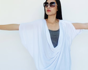 NO.60 White Cotton-Blend Jersey Origami Top, Asymmetrical T-Shirt