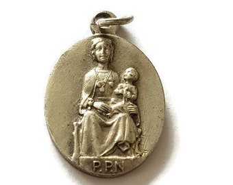 vintage silver plated Our Lady of Sarrance medal, Christian pendant, religious jewelry