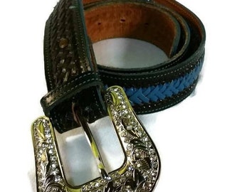 Vintage black and teal turquoise leather belt Womens silver rhinestone belt buckle large braided leather belt size 38