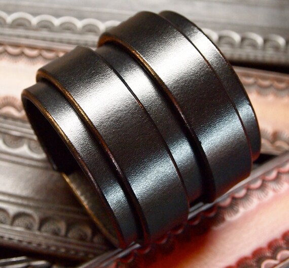 Leather cuff bracelet Double strap rich black bridle Leather- made for YOU in USA by Freddie Matara