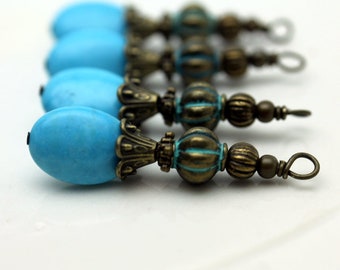 Vintage Style Flat Oval Turquoise and Brass Bead Dangle, Charm, Pendant, Earring Dangle, Drop Set