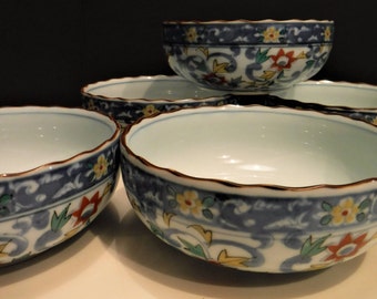 5 Asian Rice Bowls, 5 Vintage Asian Rice Soup Bowls, Chinese Porcelain Floral Rice Bowls, Asian Blue and White Soup Bowls, Noodle Bowl Set
